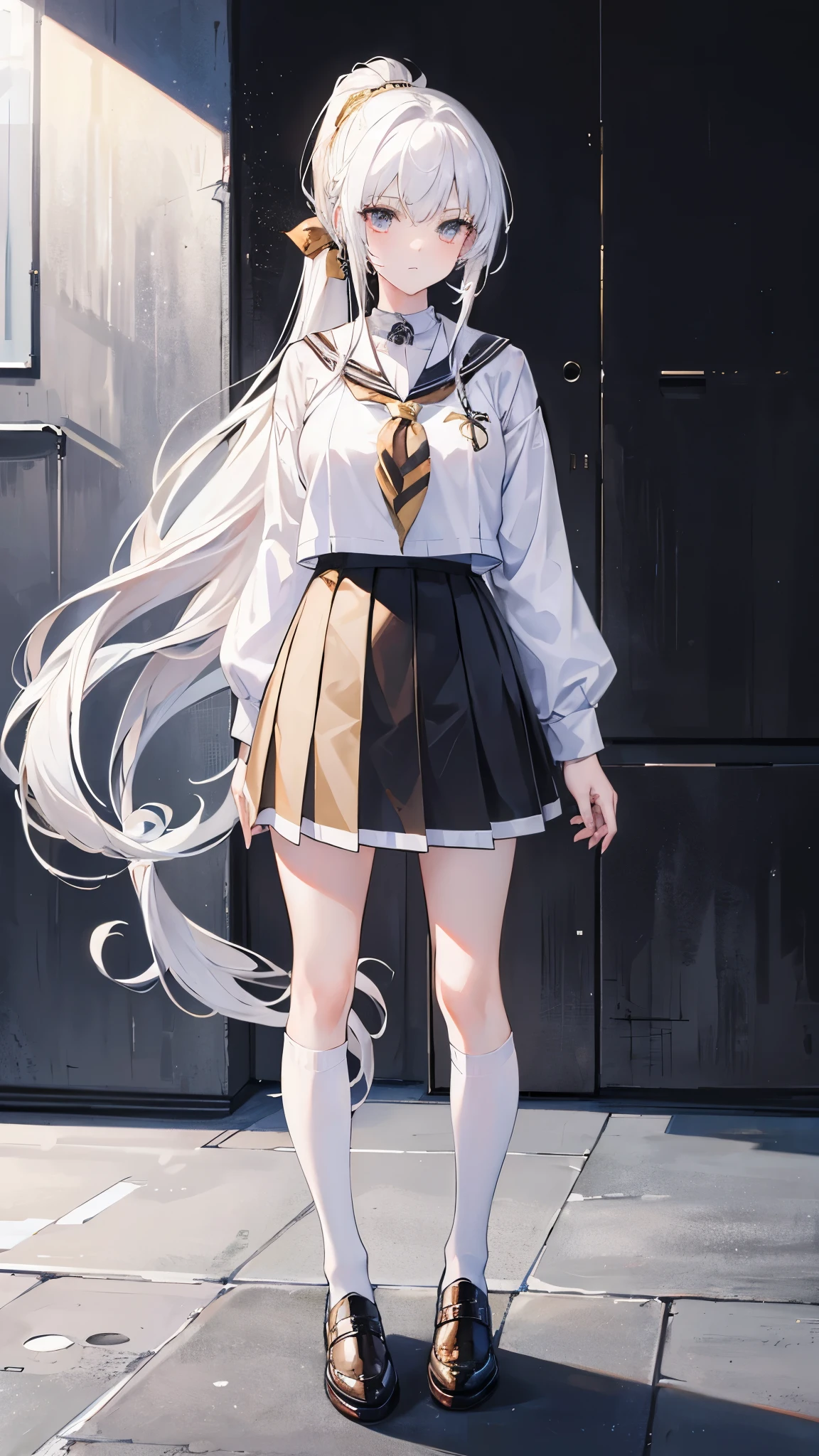 20 years old,1 mature woman,hyperrealistic, 8k, (extremely detailed 8k), (very delicate and beautiful), (masterpiece), (better quality:1.0), (ultra high resolution:1.0), (masterpiece, best quality),cute,white hair,model posing,white background,realistic skin,Combat Readiness,big breast,hime cut,black nail,extra long hair,japanese shrine miko,full body,arms behind head