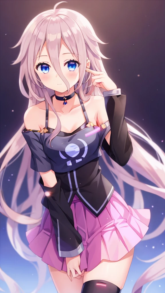 one girl, IA, vocaloid, skirt, black shirt, off shoulder, choker, beautiful, naive, upperbody, cute pose