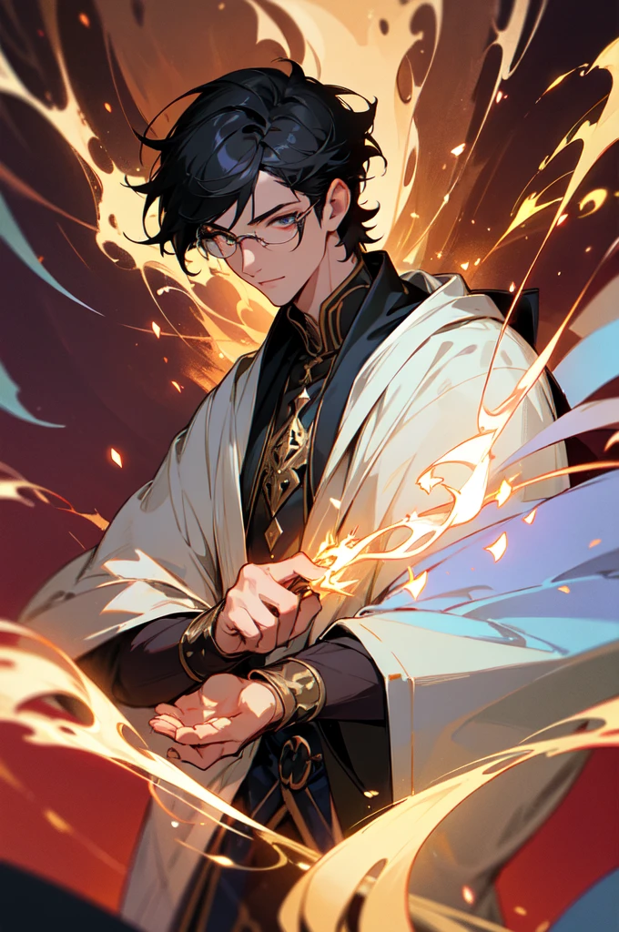 masterpiece, best quality, 1 male, young, tall muscular, handsome, finely detailed eyes, intricate details, black hair, short hair, smile, solo, upper body, detailed background, detailed face, good sorcerer, color magical robes, determined expression, white color scheme, dark crimson light, glowing magical runes, realistic lighting, floating particles, sparks, surrounded by gold lightning red arcane symbols, corrupted by eldritch power, bloom, glasses
