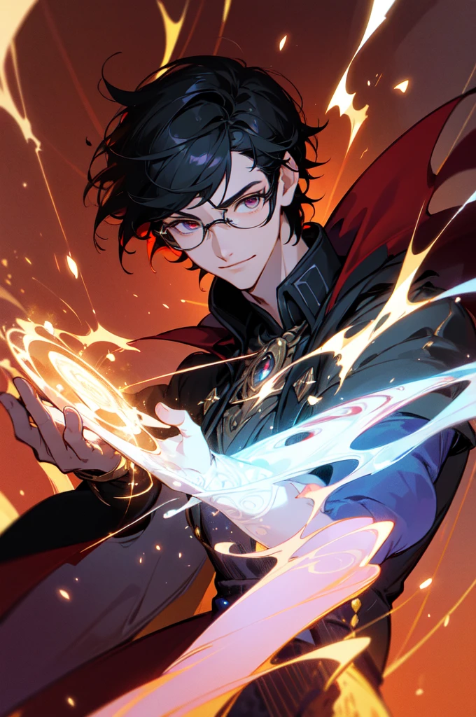 masterpiece, best quality, 1 male, young, tall muscular, handsome, finely detailed eyes, intricate details, black hair, short hair, smile, solo, upper body, detailed background, detailed face, good sorcerer, color magical robes, determined expression, white color scheme, dark crimson light, glowing magical runes, realistic lighting, floating particles, sparks, surrounded by gold lightning red arcane symbols, corrupted by eldritch power, bloom, glasses
