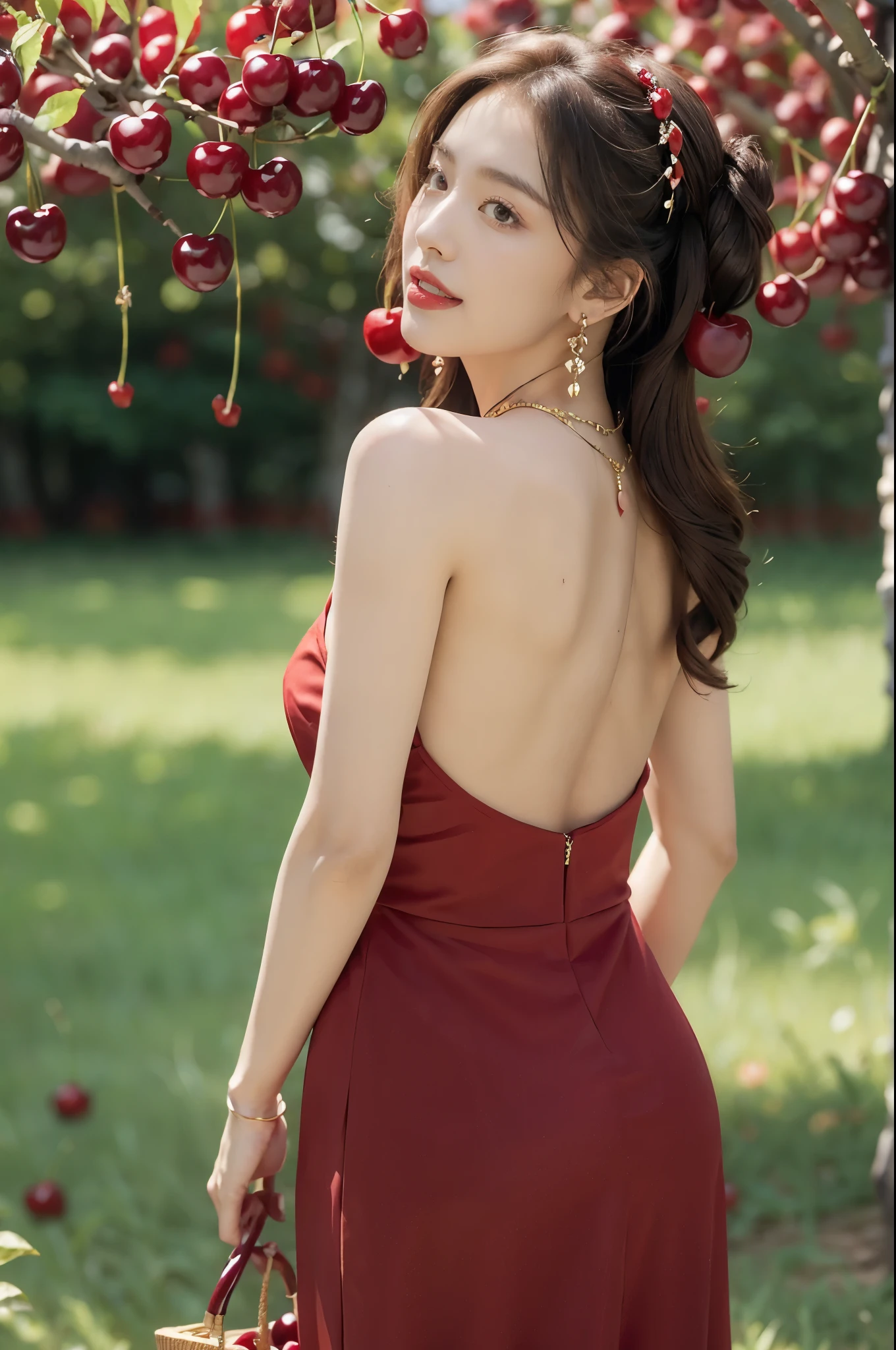 (((best quality))),(((ultra detailed))),(((masterpiece))),illustration,1 beautiful girl,solo,earrings,necklace,medium straight hair,slim,red dress,summer,(cherry orchard full of red cherries:1.3),sunlight,dappled light,fair skin,smile,(ripest cherries on the trees:1.3),red lips,peaceful,summer breeze,hair fluttering,setting sun,radiant hue,beauty grace,basket,upper body,from back,bare back,towering hips,butt crack
