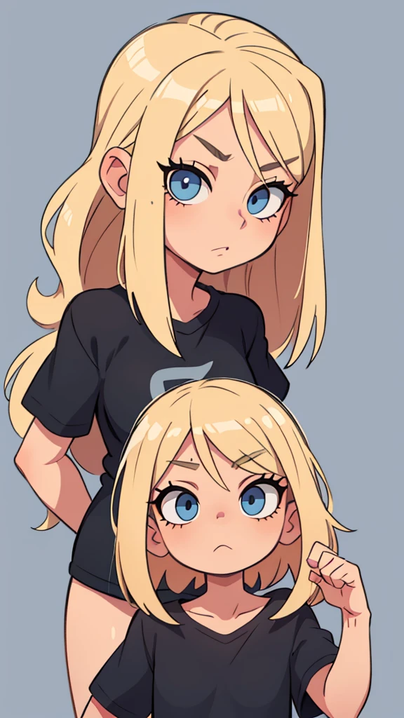 Blonde girl shoulder length hair. Blue eyes in a black T-shirt Gorgeous eyelashes