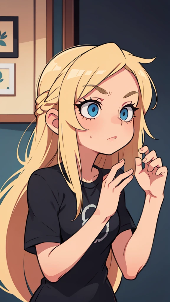 Blonde girl shoulder length hair. Blue eyes in a black T-shirt Gorgeous eyelashes