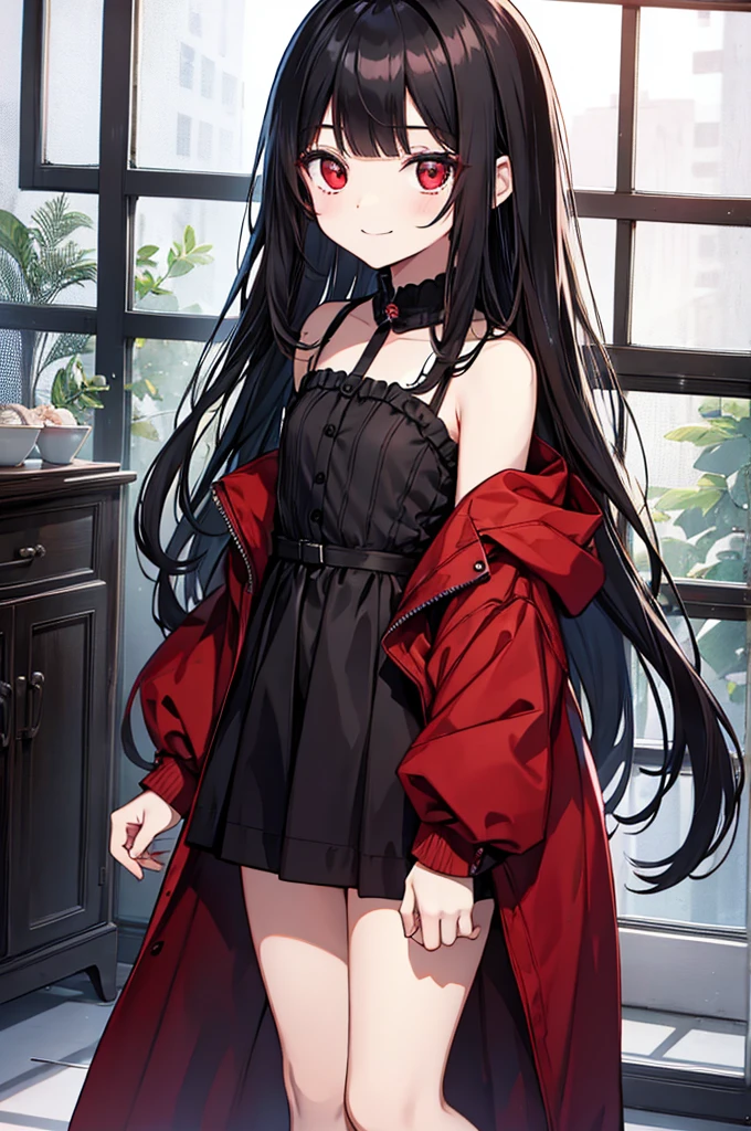 A ???, long straight black hair, long bangs, crimson red eyes, small, cute, short, background in a room, sweet smile and innocent