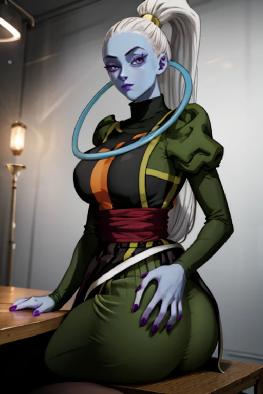 Dress_DragonBallSuper_Vados_ownwaifu, 
1girl, blue skin, white hair, hair pulled back, high ponytail, purple eyes, colored skin, alien, long hair, very long hair, lipstick, makeup, purple lips, breasts, large breasts, large ass,eyelashes,  jewelry, purple nails,
puffy sleeves, long sleeves, dress, juliet sleeves, sash, green skirt,  puffy long sleeves, turtleneck,
((masterpiece)),((best quality)),(highres, absurdres), original, bokeh, depth_of_field, scenery, spotlight, focused, looking at viewer, solo, cowboy shot,sexy pose,sits,18+,own hands together,heart hand