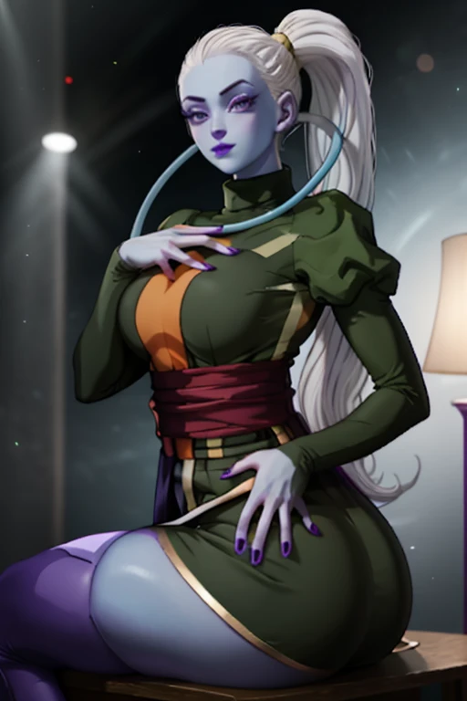 Dress_DragonBallSuper_Vados_ownwaifu, 
1girl, blue skin, white hair, hair pulled back, high ponytail, purple eyes, colored skin, alien, long hair, very long hair, lipstick, makeup, purple lips, breasts, large breasts, large ass,eyelashes,  jewelry, purple nails,
puffy sleeves, long sleeves, dress, juliet sleeves, sash, green skirt,  puffy long sleeves, turtleneck,
((masterpiece)),((best quality)),(highres, absurdres), original, bokeh, depth_of_field, scenery, spotlight, focused, looking at viewer, solo, cowboy shot,sexy pose,sits,18+,own hands together,heart hand