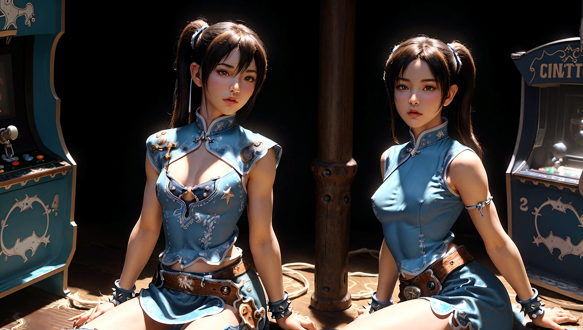 (ultra high quality), detailed face, high resolution, ((masterpiece)), ((best quality)), ((ultra detailed)), delicate, (ultra realistic), ((extremely detailed)), depth of field , ((cowboy shot: 1.4)), ((2girl)), group, sitting on the floor, ((varied poses)), elementary girl, loly, short stature, small breazt, ((without bra)), small build, varied poses, looking at the viewer, ((intricate arcade machines)),A row of arcade style machines sitting in a row in a video game room, game controller, game console, controller, television, short sleeve, sleeveless clothing, ((white waistband)),((Chun Li))), SF2CL, bows, covered bows, Chinese dress, qipao, blue suit, spiked bracelets, puff sleeves, brown pantyhose, white belt, white boots,flat chested, flat stomach, tiny body, small stature