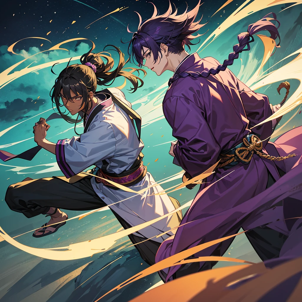 Anime art: Stands in a fighting stance: Anime character: Young guy, dark skin, Long purple hair, smoothed back, dreadlock mohawk hairstyle, dressed in a large green baggy kimono, light gray energy in the form of silhouettes of fists similar to smoke. Realistic detailed style high detail, Drawing.