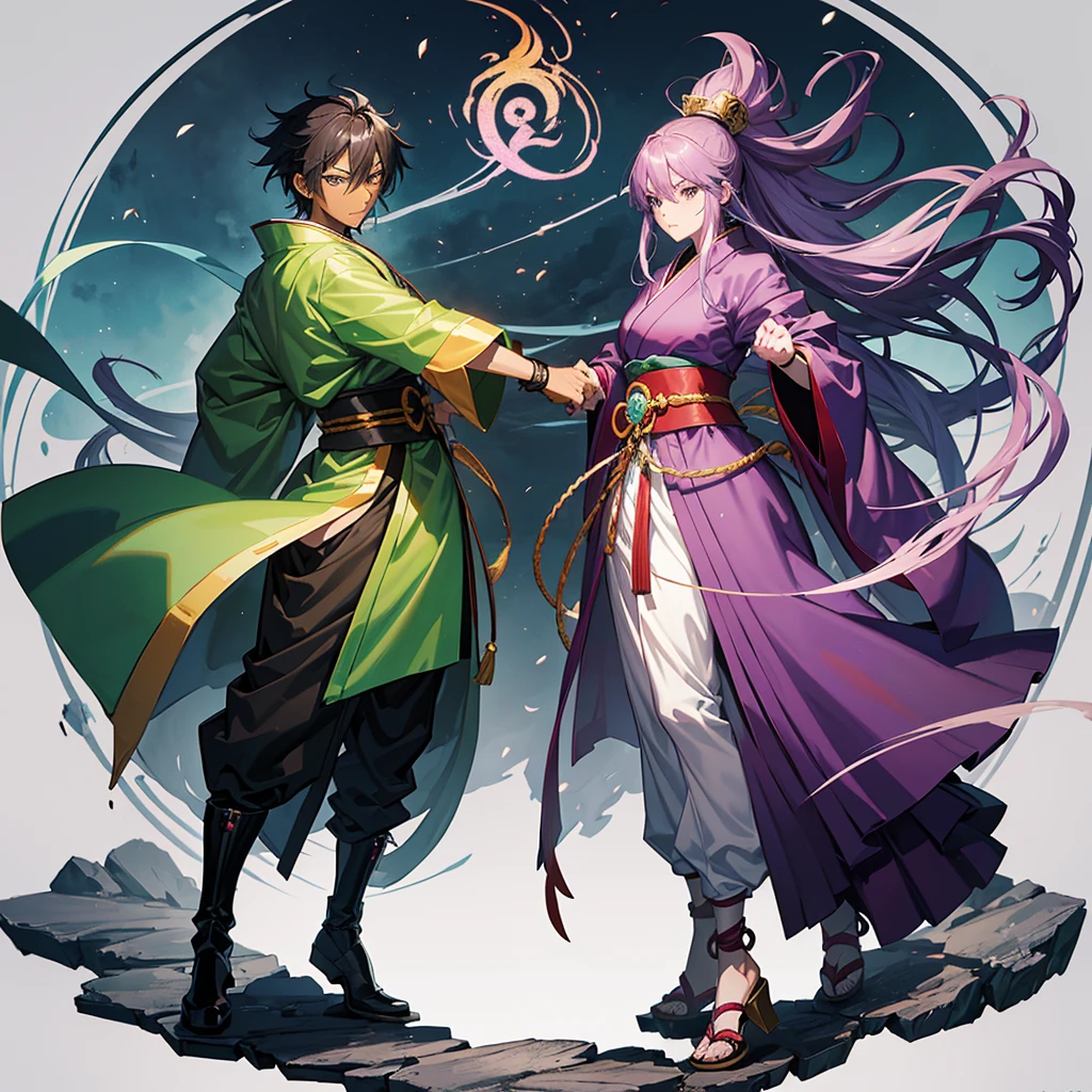 Anime art: Stands in a fighting stance: Anime character: Young guy, dark skin, Long purple hair, smoothed back, dreadlock mohawk hairstyle, dressed in a large green baggy kimono,  light gray energy in the form of silhouettes of fists similar to smoke. Realistic detailed style high detail, Drawing.