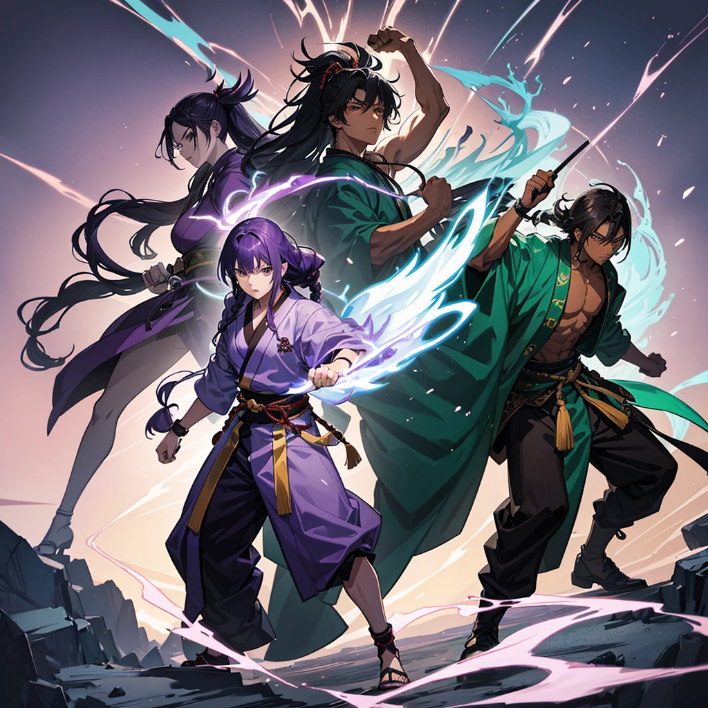 Anime art: Stands in a fighting stance: Anime character: Young guy, dark skin, Long purple hair, smoothed back, dreadlock mohawk hairstyle, dressed in a large green baggy kimono, light gray energy in the form of silhouettes of fists similar to smoke. Realistic detailed style high detail, Drawing.