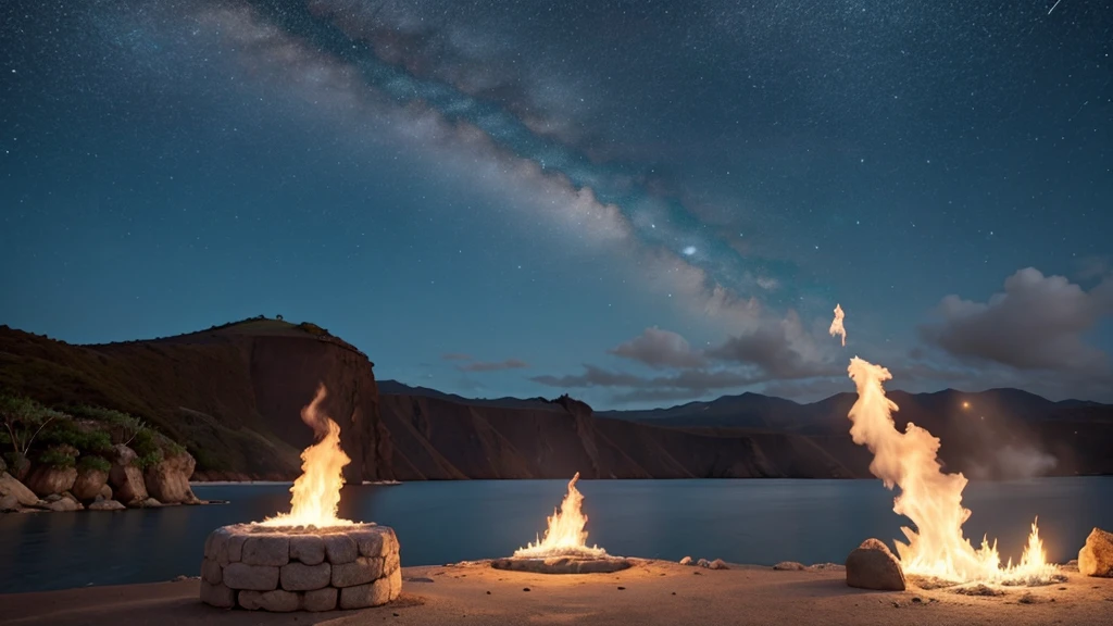 fogueira e fogo, noite estrelada, 