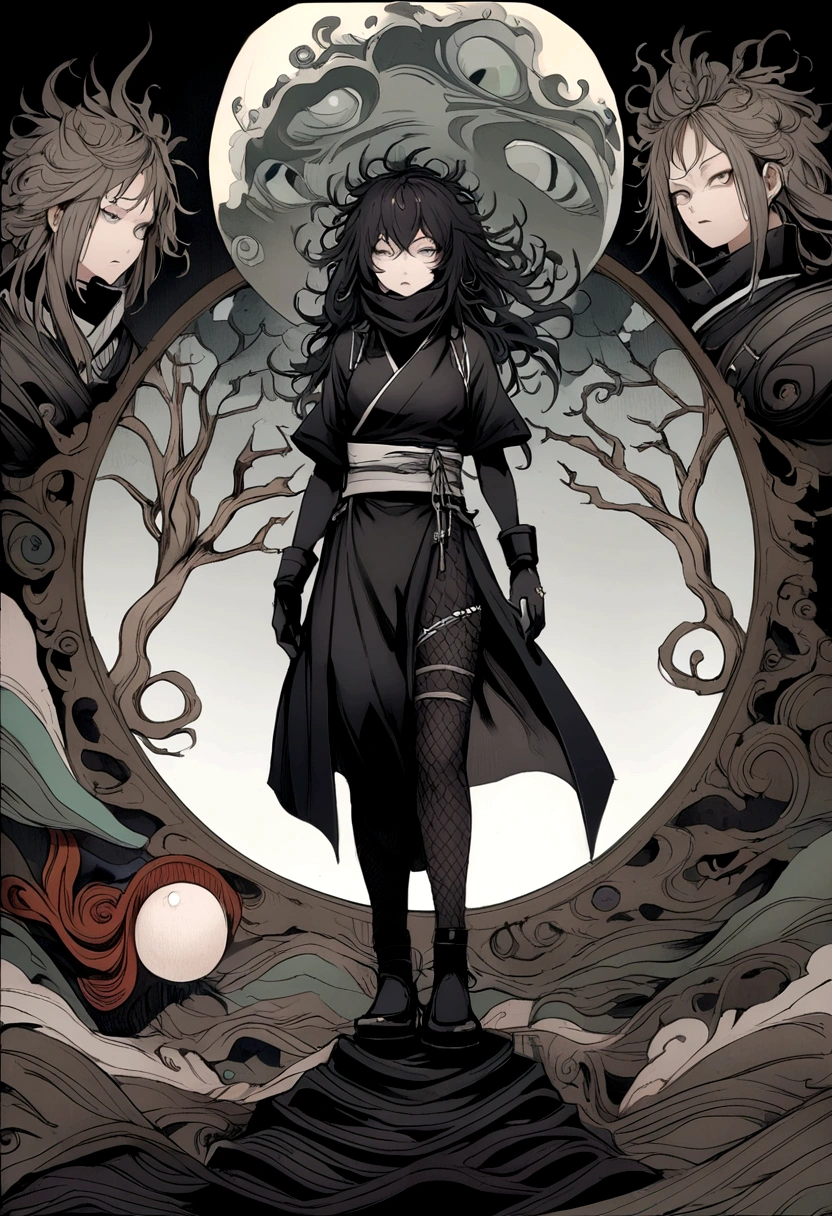 ninja , female , messy hair , white eyes , bloody , high black shoes, black gloves