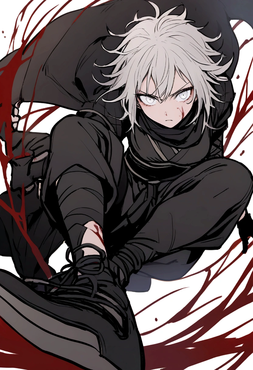 ninja , female , messy hair , white eyes , bloody , high black shoes, black gloves