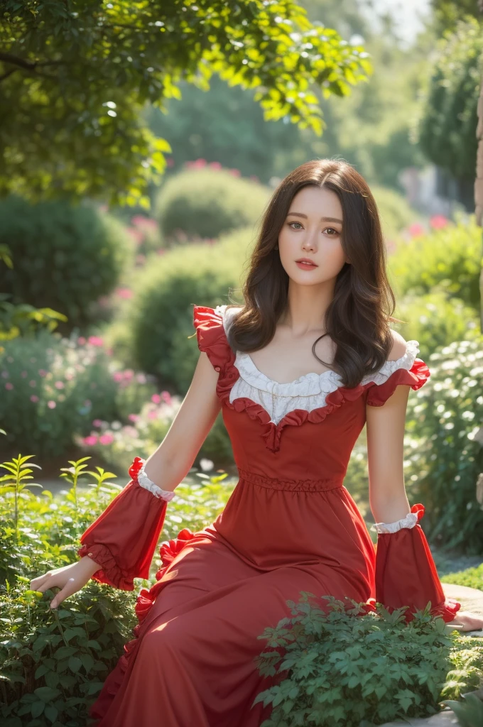 short hair, nlnnnx, (Clear focus:1.2), photo, Attractive young woman, (Pretty Face:1.1), Delicate eyes, Sweet lips, (Bold red lip color:0.85), (Medium breasts:1.0), (slim:1.2), (Long hair:1.2), Wear (1980s Ruffle Dress:1.2) in a (Botanical Gardens:1.2). (Mood lighting:1.2), Depth of Field, Bokeh, 4k, Human Development Report. go through (James C.. Christensen:1.2|Jeremy Lipkin:1.1).
