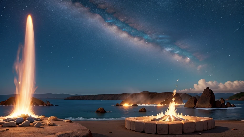 fogueira e fogo, noite estrelada,
