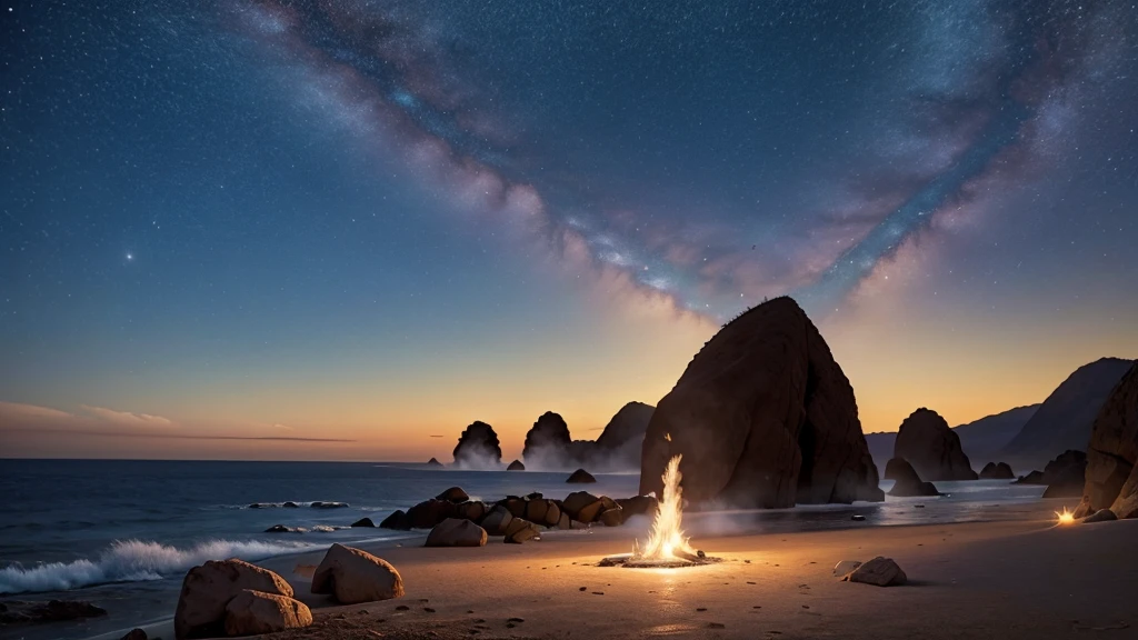 fogueira e fogo, noite estrelada, 