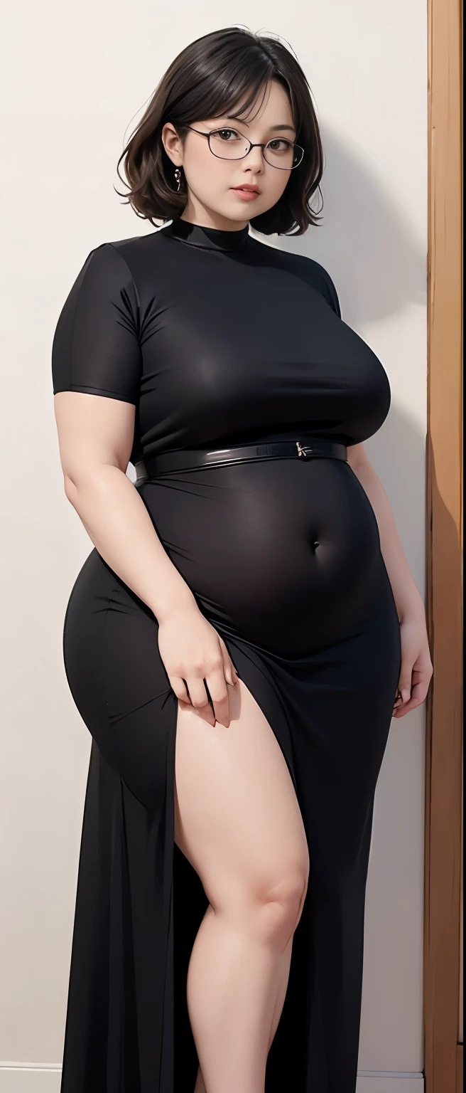 Chubby woman with chubby belly and tight thighs, full body, 50-year-old mature woman, thick hips, thick neck, thick chest, big eyes, wearing a longest dress, wavy medium short hair, Height 170 cm , full body , glasses