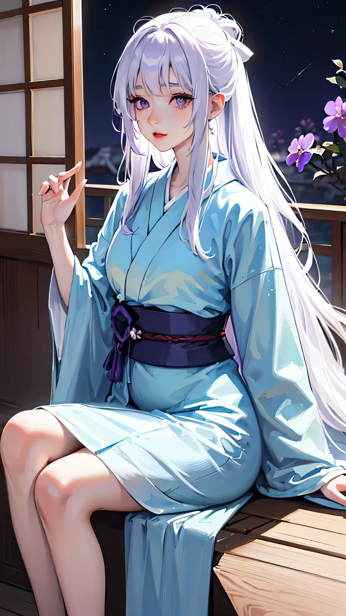 High quality, Japanese girl, long white hair, side bangs, ((violet eyes)), beautiful, wide-eyed and beautiful, white skin, wearing a light blue kimono and dark blue haori, sitting near the open shoji door with a beautiful view, pregnant, calming atmosphere