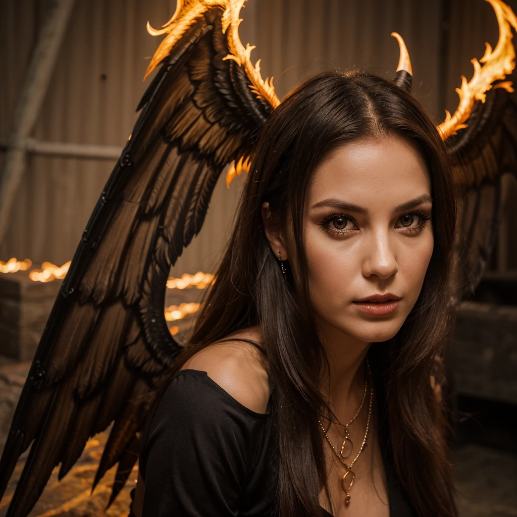 1girl in, 30 years old, Square face, Long hair, Looking at viewer, jewelry, Realistic, Sexy, devil costume - with wings, hell gate - lava, free pose