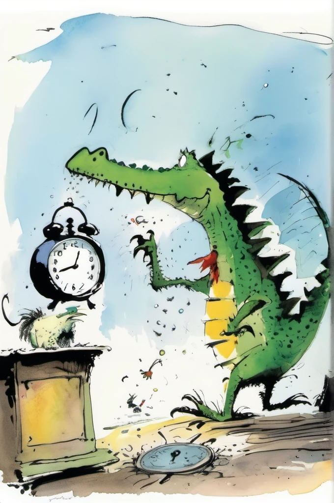 Quentin Blake Style - Comics by Quentin Blake, A crocodile swallows an alarm clock and everyone asks the time