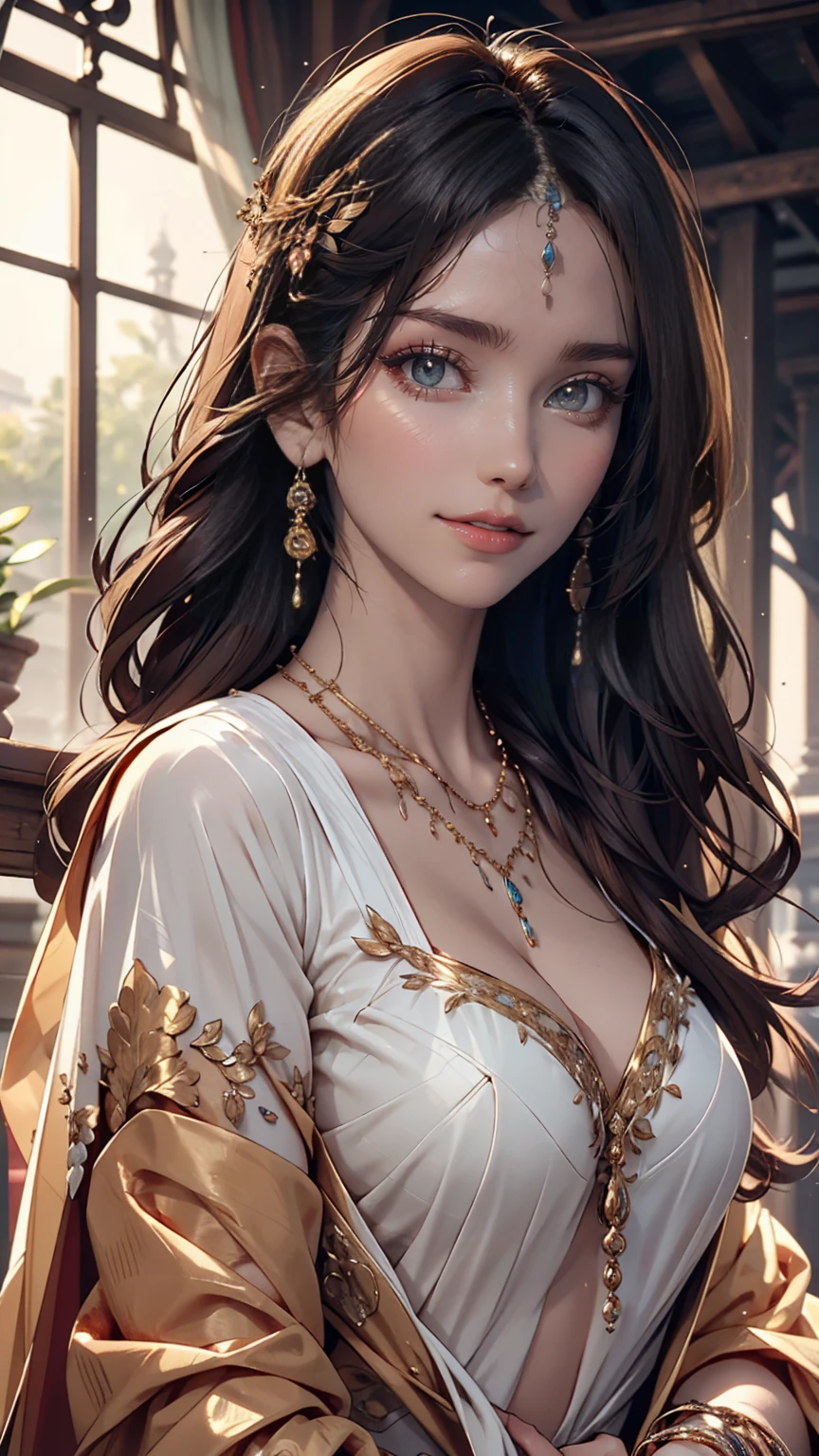 Arabian woman wearing a sari and a necklace, Complex set, Jeweled, Wearing something complicated, Elaborate jewellery, with Intricate details, Complicated costumes, Wearing elegant jewelry, Intricate details. from the front, Black Jewelry, Elaborate jewelry, high Intricate details, Hand Jewelry Model Photos, Close-up portrait, Complex beauty, Exquisite Jewelry, side view Intricate details