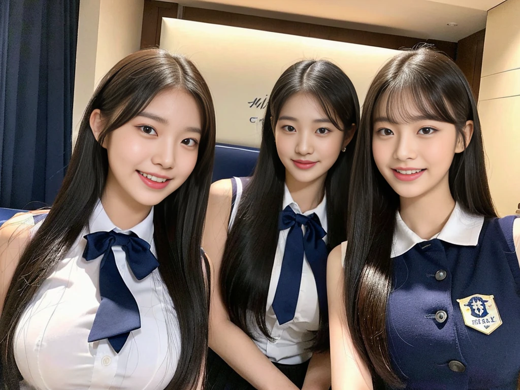 (A super cute Korean gal high school girl takes a photo with two close friends from her class..2)(LOL,Laughing out loud:1.2)(Beautiful Sweat:1.1)(16k, RAW Photos, Highest quality, masterpiece: 1.2),(Mr.々Beautiful black hair with a simple hairstyle:1.2) Super detailed, Super Resolution, (Genuine, Genuine photos: 1.37), Portraiture, High-resolution RAW color photos, Professional photos, Very detailed, 8k wallpaper, Very detailed CG Unity 8k wallpaper, Very detailed beautiful girls, Very detailed faces, ((whole body)), beautiful woman, Huge breasts,(huge boobs:1.1) (Big Boobs:1.1), Beauty college student (A tight, girly, navy sleeveless with ribbon.),high school girl, Korean Girls,(K-POP Female Idols), (Idol-class beauty)(Beautiful high school girl:1.1)(On a luxury hotel bed)(18-year-old)(Stylish school uniform-style outfit:1.1)(Group photo:1.2)