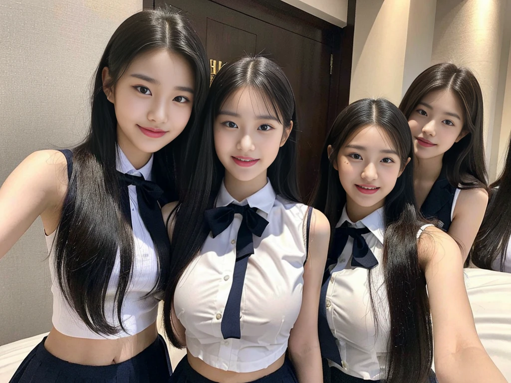 (A super cute Korean gal high school girl takes a photo with two close friends from her class..2)(LOL,Laughing out loud:1.2)(Beautiful Sweat:1.1)(16k, RAW Photos, Highest quality, masterpiece: 1.2),(Mr.々Beautiful black hair with a simple hairstyle:1.2) Super detailed, Super Resolution, (Genuine, Genuine photos: 1.37), Portraiture, High-resolution RAW color photos, Professional photos, Very detailed, 8k wallpaper, Very detailed CG Unity 8k wallpaper, Very detailed beautiful girls, Very detailed faces, ((whole body)), beautiful woman, Huge breasts,(huge boobs:1.1) (Big Boobs:1.1), Beauty college student (A tight, girly, navy sleeveless  with ribbon.),high school girl, Korean Girls,(K-POP Female Idols), (Idol-class beauty)(Beautiful high school girl:1.1)(On a luxury hotel bed)(18-year-old)(Stylish school uniform-style outfit:1.1)(Group photo:1.2)