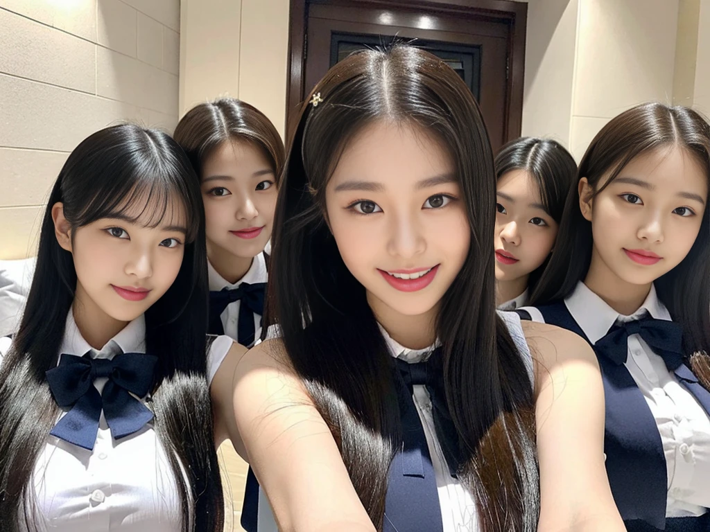 (A super cute Korean gal high school girl takes a photo with two close friends from her class..2)(LOL,Laughing out loud:1.2)(Beautiful Sweat:1.1)(16k, RAW Photos, Highest quality, masterpiece: 1.2),(Mr.々Beautiful black hair with a simple hairstyle:1.2) Super detailed, Super Resolution, (Genuine, Genuine photos: 1.37), Portraiture, High-resolution RAW color photos, Professional photos, Very detailed, 8k wallpaper, Very detailed CG Unity 8k wallpaper, Very detailed beautiful girls, Very detailed faces, ((whole body)), beautiful woman, Huge breasts,(huge boobs:1.1) (Big Boobs:1.1), Beauty college student (A tight, girly, navy sleeveless with ribbon.),high school girl, Korean Girls,(K-POP Female Idols), (Idol-class beauty)(Beautiful high school girl:1.1)(On a luxury hotel bed)(18-year-old)(Stylish school uniform-style outfit:1.1)(Group photo:1.2)