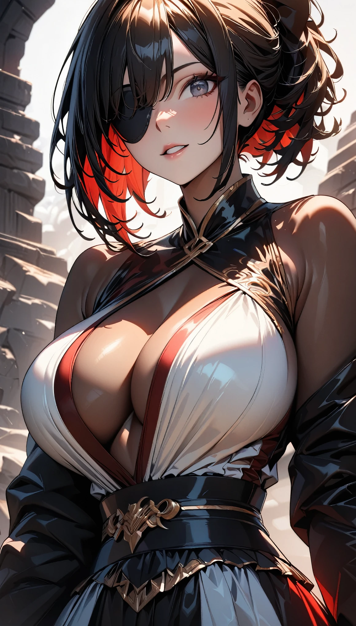 (Highest quality:1.2, Very detailed, Latest, Vibrant, Ultra-high resolution, High Contrast, Super detailed, masterpiece:1.2, Highest quality, Best aesthetics), (((1 Girl))), Beautiful woman, (Tinged with entertainment:1.2), Big Breasts, (Large Breasts), Detailed skin texture, Detailed cloth texture, Detailed face, Details, Smoke a cigarette, Black eyepatch,