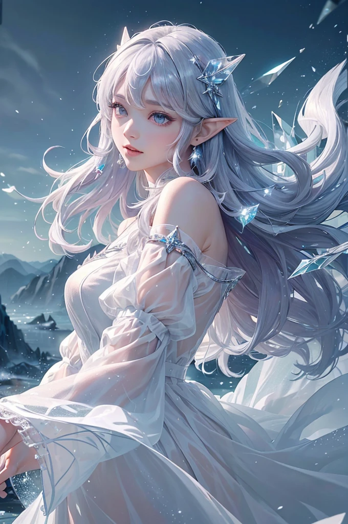 (masterpiece、Highest品質、Highest、Official Art、Beautiful and aesthetic、Long Exposure:1.mooth movement、Attractive patterns、One Girl、(Long dress with sleeves:1.3)、(((White clothes)))、Upper body close-up、Exposing shoulders、Korean Girls、smile、Light purple long hair、Portraiture、solo、Upper body、Looking at the observer、Detailed Background、Detailed face、(Crystallized AI、Crystal Theme:1.1)、Elemental Wind Elf、回転Wind、 Wind、White crystal clothes、Off the shoulder、Dynamic pose、Suspended particles、Aether Dynamics、旋Wind、vapor、背景に旋Wind、White Tone、旋Wind、Ethereal atmosphere、