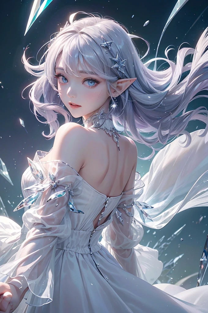 (masterpiece、Highest品質、Highest、Official Art、Beautiful and aesthetic、Long Exposure:1.2)、Smooth movement、Attractive patterns、One Girl、(Long dress with sleeves:1.3)、(((White clothes)))、Upper body close-up、Exposing shoulders、Korean Girls、smile、Light purple long hair、Portraiture、solo、Upper body、Looking at the observer、Detailed Background、Detailed face、(Crystallized AI、Crystal Theme:1.1)、Elemental Wind Elf、回転Wind、 Wind、White crystal clothes、Off the shoulder、Dynamic pose、Suspended particles、Aether Dynamics、旋Wind、vapor、背景に旋Wind、White Tone、旋Wind、Ethereal atmosphere、
