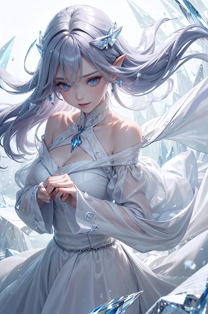 (masterpiece、Highest品質、Highest、Official Art、Beautiful and aesthetic、Long Exposure:1.2)、Smooth movement、Attractive patterns、One Girl、(Long dress with sleeves:1.3)、(((White clothes)))、Upper body close-up、Exposing shoulders、Korean Girls、smile、Light purple long hair、Portraiture、solo、Upper body、Looking at the observer、Detailed Background、Detailed face、(Crystallized AI、Crystal Theme:1.1)、Elemental Wind Elf、回転Wind、 Wind、White crystal clothes、Off the shoulder、Dynamic pose、Suspended particles、Aether Dynamics、旋Wind、vapor、背景に旋Wind、White Tone、旋Wind、Ethereal atmosphere、
