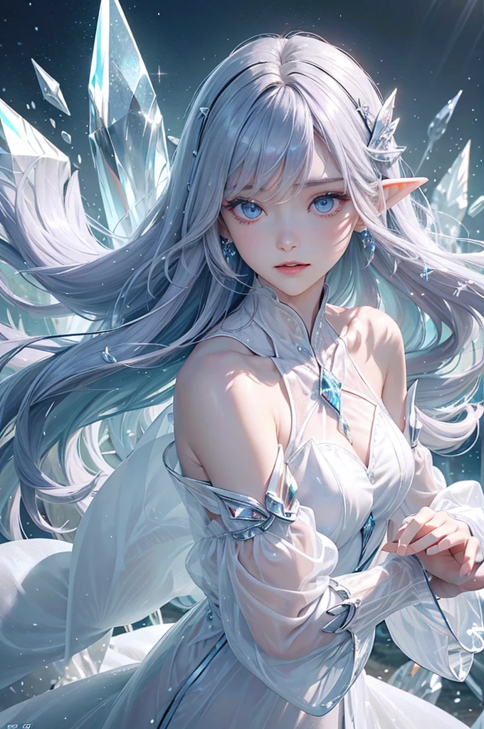 (masterpiece、Highest品質、Highest、Official Art、Beautiful and aesthetic、Long Exposure:1.2)、Smooth movement、Attractive patterns、One Girl、(Long dress with sleeves:1.3)、(((White clothes)))、Upper body close-up、Exposing shoulders、Korean Girls、smile、Light purple long hair、Portraiture、solo、Upper body、Looking at the observer、Detailed Background、Detailed face、(Crystallized AI、Crystal Theme:1.1)、Elemental Wind Elf、回転Wind、 Wind、White crystal clothes、Off the shoulder、Dynamic pose、Suspended particles、Aether Dynamics、旋Wind、vapor、背景に旋Wind、White Tone、旋Wind、Ethereal atmosphere、
