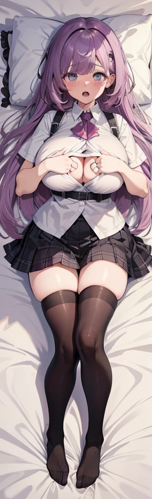 (Highest quality,4K,8k,High resolution,masterpiece:1.2),Highest quality,masterpiece,Detailed face,Masterpiece,Best Quality,(Super Detail),perfect writing, Highly detailed CG,Super detailed,(Highly detailed eyes,Very cute face,Highly detailed face:1.3),Beautiful Anime Girl,(Solo Girl),(Super huge boobs:1.4),(super huge breasts:1.4),(Sensual,Glamorous:1.4),(pink,very Long Hair,wave),(Big light purple eyes),Collared shirt,short sleeve shirt,Pleated skirt,lying on the bed,on back,school tight,pink pillow , pleated skirt, zettai ryouiki,high resolution,heart shaped pupils, plaid skirt, black stocking,claw pose,lie on bed,liying , full body , toe,full body seen,full-face blush,sexual climax,Young features,(:1.4),Elementary school girls,Close one eye, With tears in her eyes and her mouth open,open mouth,
