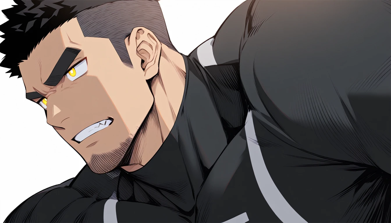one negro, anime characters:Gyee, Hibino Kafka, One Muscle Sports Student, negro black skin, Very Black, muscular tough guy, Manliness, male focus, Grey long sleeve turtleneck tight t-shirt, Regular symmetrical pattern, Very tight, muscular male, muscular, only, Upper body, alone, Black short hair, Thick eyebrows, stubble, Yellow eyes, White background, simple background, amazing quality, best aesthetics, Ridiculous, bright pupils, crew cut, parted lips, v-shaped eyebrows, jitome, best quality