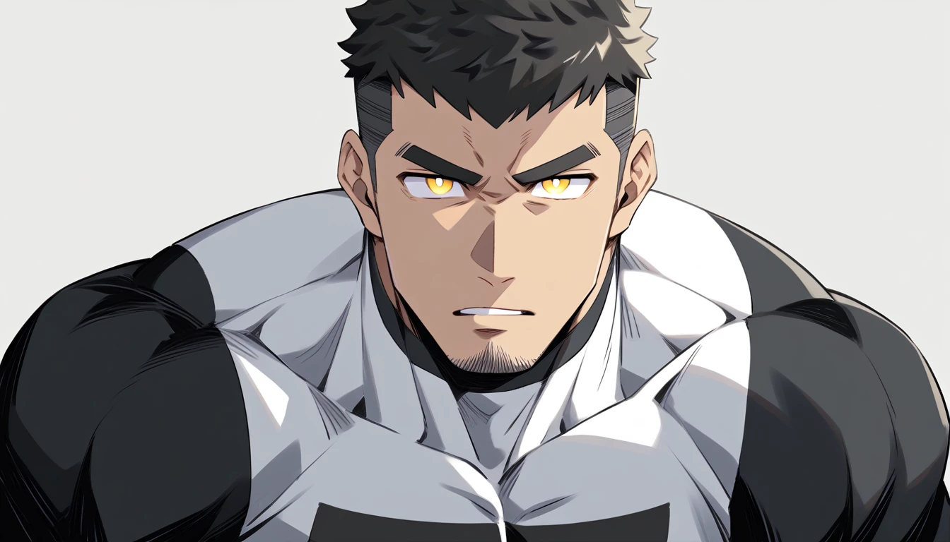 one negro, anime characters:Gyee, Hibino Kafka, One Muscle Sports Student, negro black skin, Very Black, muscular tough guy, Manliness, male focus, Grey long sleeve turtleneck tight t-shirt, Regular symmetrical pattern, Very tight, muscular male, muscular, only, Upper body, alone, Black short hair, Thick eyebrows, stubble, Yellow eyes, White background, simple background, amazing quality, best aesthetics, Ridiculous, bright pupils, crew cut, parted lips, v-shaped eyebrows, jitome, best quality