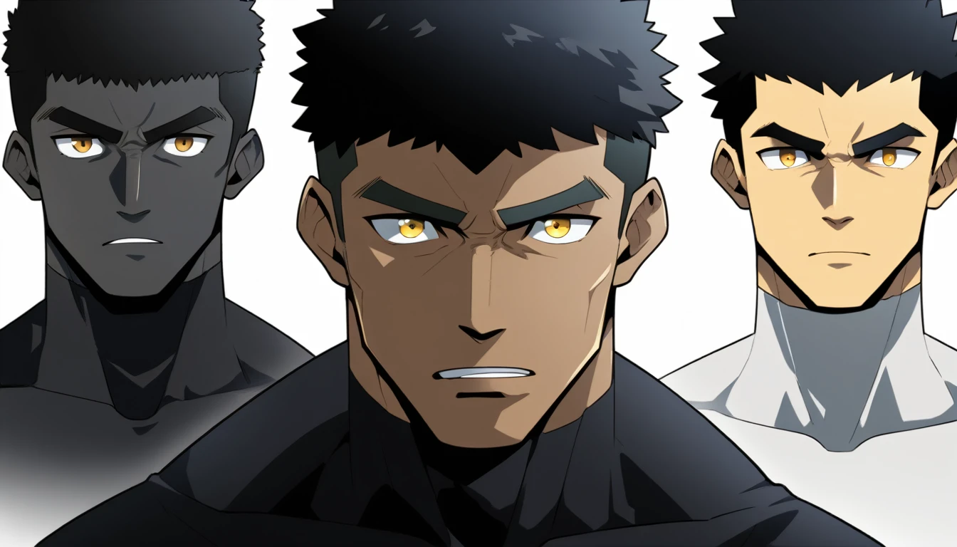 one negro, anime characters:Gyee, Hibino Kafka, One Muscle Sports Student, negro black skin, Very Black, muscular tough guy, Manliness, male focus, Grey long sleeve turtleneck tight t-shirt, Regular symmetrical pattern, Very tight, muscular male, muscular, only, Upper body, alone, Black short hair, Thick eyebrows, stubble, Yellow eyes, White background, simple background, amazing quality, best aesthetics, Ridiculous, bright pupils, crew cut, parted lips, v-shaped eyebrows, jitome, best quality