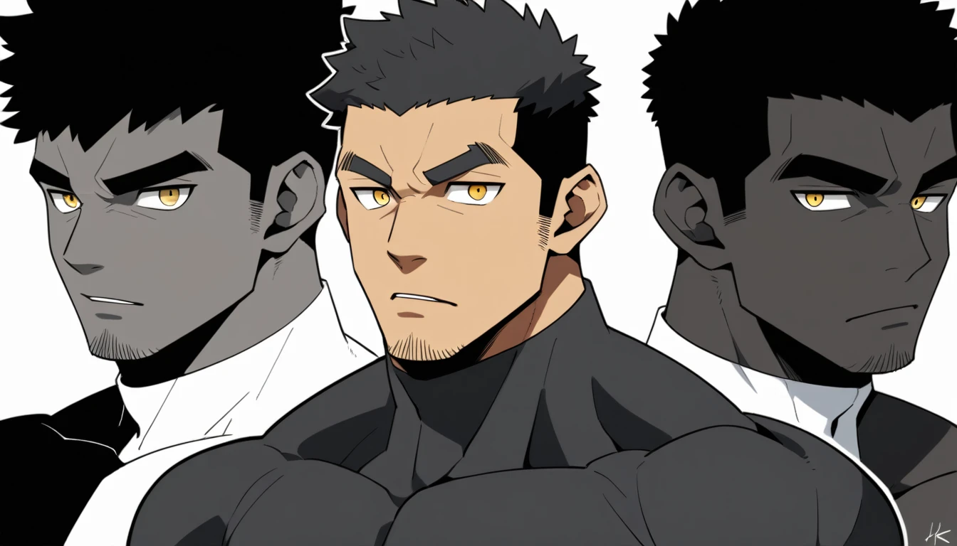 one negro, anime characters:Gyee, Hibino Kafka, One Muscle Sports Student, negro black skin, Very Black, muscular tough guy, Manliness, male focus, Grey long sleeve turtleneck tight t-shirt, Regular symmetrical pattern, Very tight, muscular male, muscular, only, Upper body, alone, Black short hair, Thick eyebrows, stubble, Yellow eyes, White background, simple background, amazing quality, best aesthetics, Ridiculous, bright pupils, crew cut, parted lips, v-shaped eyebrows, jitome, best quality