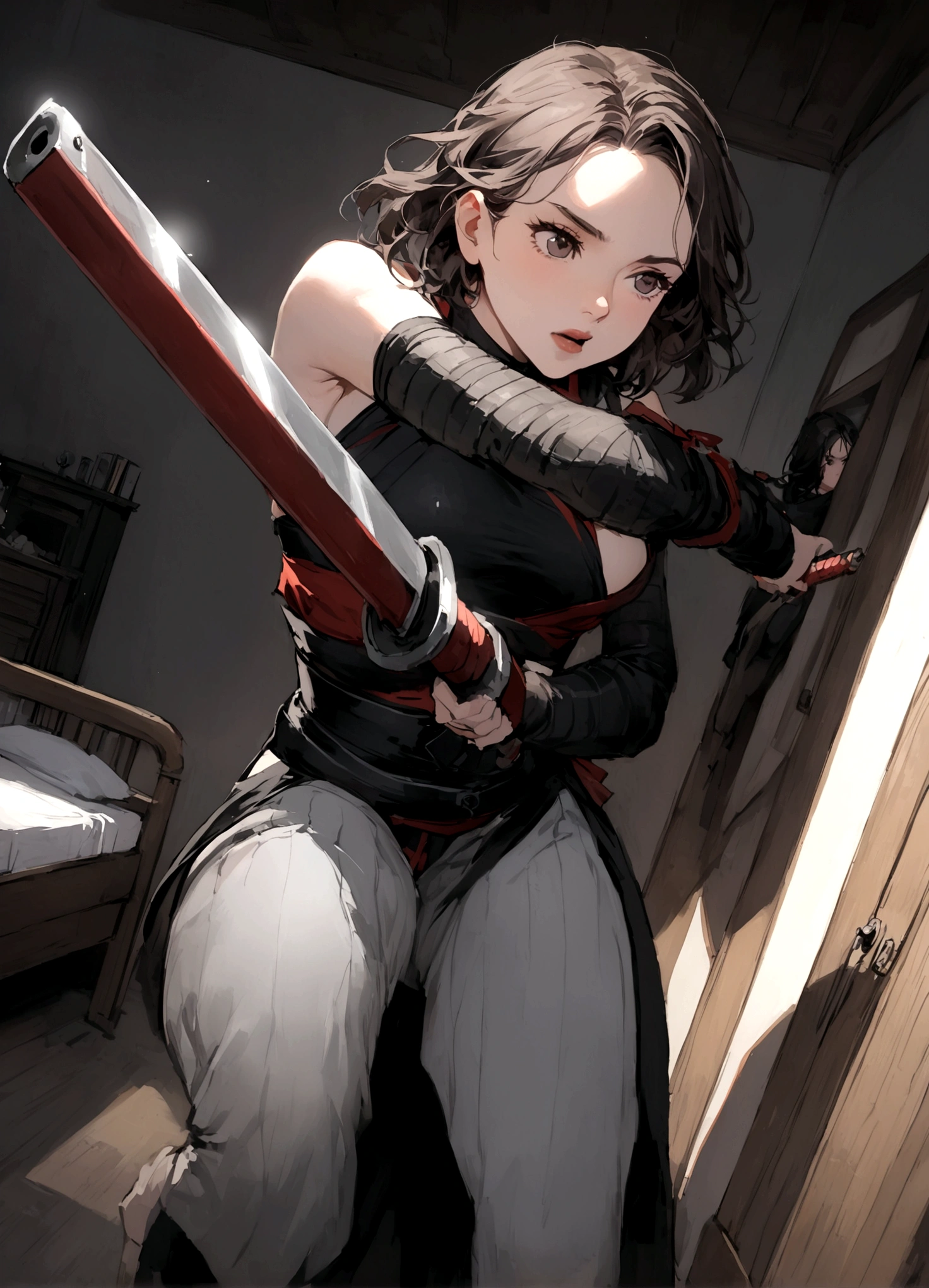 Daisy Ridley age 25, sexy ninja outfit (over exposed, safe for work), dramatic pose, ninja weapons, sneaking up on her target in his bedroom