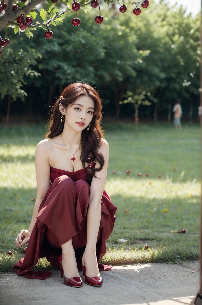 (((best quality))),(((ultra detailed))),(((masterpiece))),illustration,1 beautiful girl,solo,earrings,necklace,medium straight hair,slim,flat chest,red dress,summer,(cherry orchard full of red cherries:1.3),sunlight,dappled light,fair skin,smile,(ripest cherries on the trees:1.3),red lips,peaceful,summer breeze,hair fluttering,setting sun,radiant hue,beauty grace,basket,full body,slender legs,pantyhose,high heels