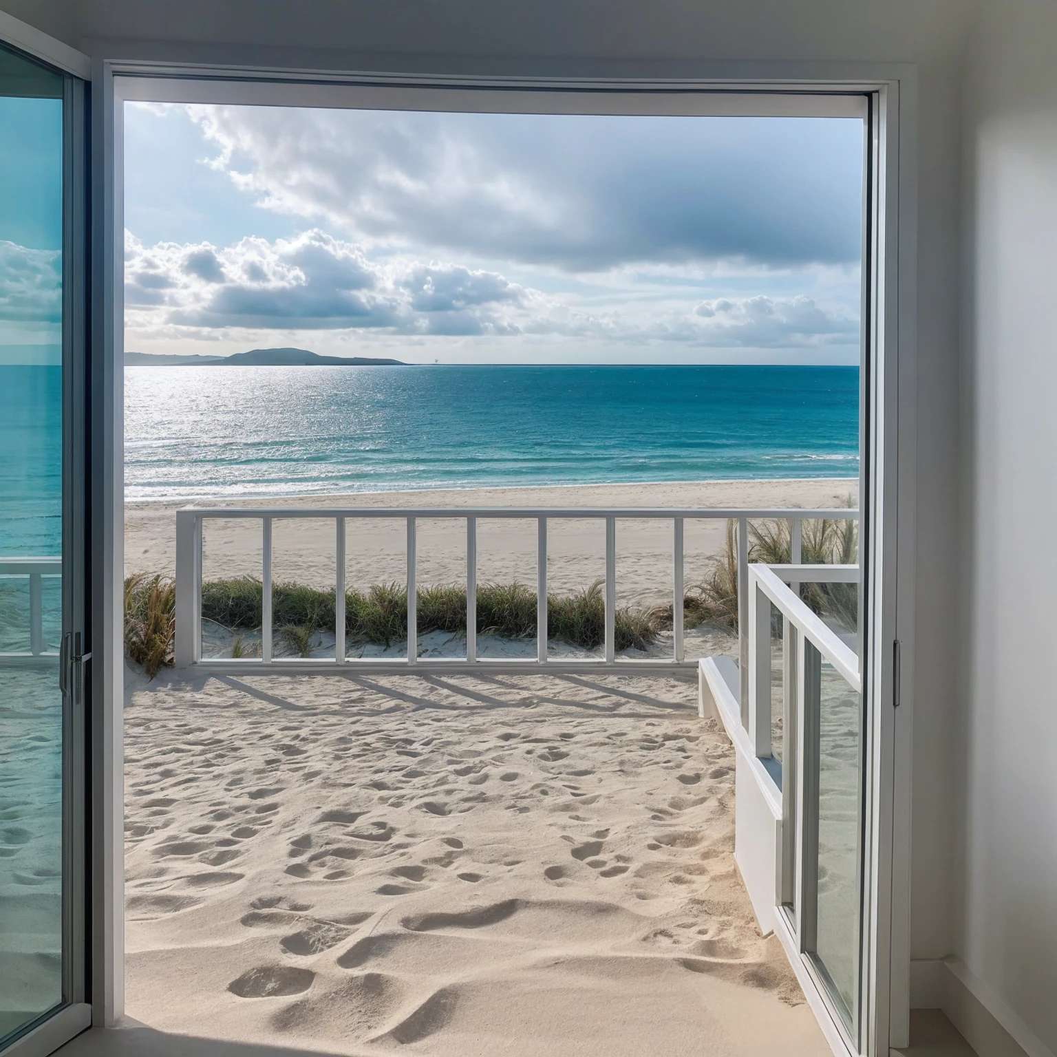 ultra realistic cloudy beach while camera view from cute and minimal designed house and perfect lighting and dreamy sea front of window