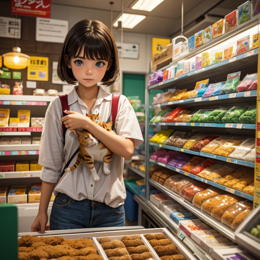 Inside the pet shop、A girl holding a calico kitten