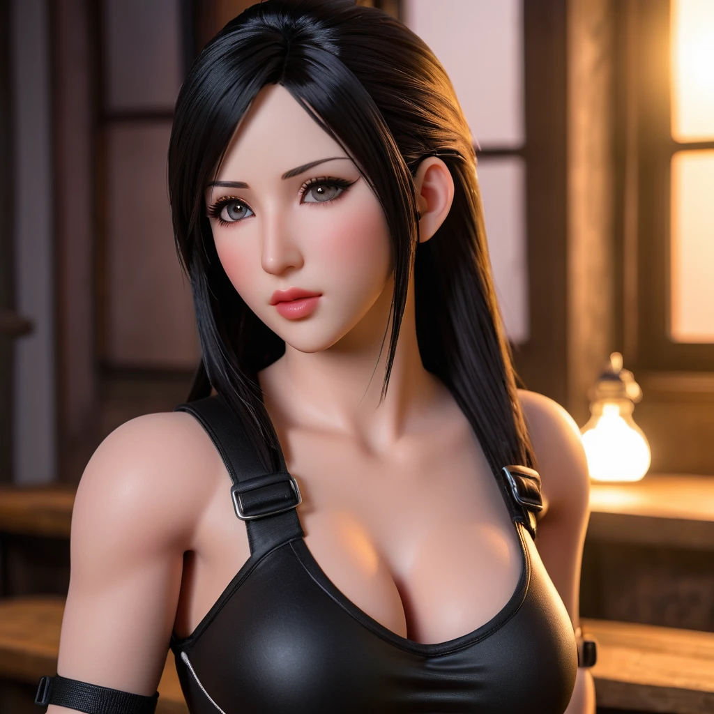 SILICONE TIFA DOLL, incredibly detailed and realistic silicone figure of Tifa Lockhart, flawless skin, realistic eyes and lips, beautiful facial features, intricate details on the body, expressive pose, dynamic composition, warm lighting, cinematic atmosphere, photorealistic, 8k, high quality, masterpiece