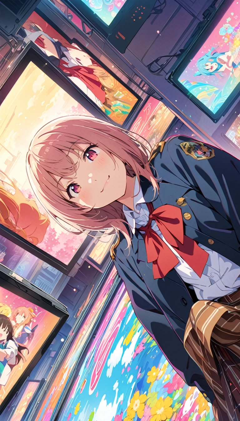 anime style, Ultra-fine illustrations, highly detailed, Dynamic Angle, beautiful detailed, 8k, In front of many CRT TVs, break various programs are being broadcasted. A woman stares at them, break smiling amidst the colorful scenes.(Highest quality、masterpiece、High resolution、detailed)animeスタイル、Flat Style、(Shining Eyes、detailed美しい顔), break,Dynamic Angle、anime