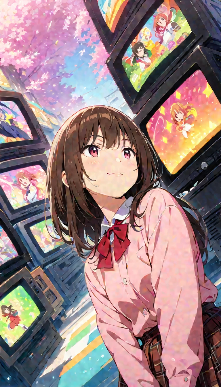 anime style, Ultra-fine illustrations, highly detailed, Dynamic Angle, beautiful detailed, 8k, In front of many CRT TVs, break various programs are being broadcasted. A woman stares at them, break smiling amidst the colorful scenes.(Highest quality、masterpiece、High resolution、detailed)animeスタイル、Flat Style、(Shining Eyes、detailed美しい顔),  break,Dynamic Angle、anime