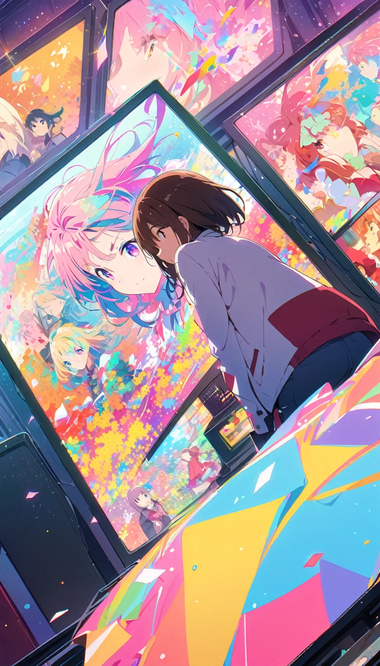 anime style, Ultra-fine illustrations, highly detailed, Dynamic Angle, beautiful detailed, 8k, In front of many CRT TVs, break various programs are being broadcasted. A woman stares at them, break smiling amidst the colorful scenes.(Highest quality、masterpiece、High resolution、detailed)animeスタイル、Flat Style、(Shining Eyes、detailed美しい顔),  break,Dynamic Angle、anime