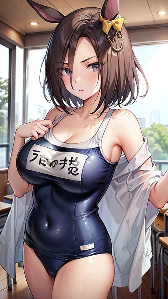 (((masterpiece))),(((High resolution)))、(((perfect face)))、(((Air Groove)))、, ((school swimsuit)), Plump, top quality eyes, detailed texture, look at the camera, (big tits), ((high resolution face))