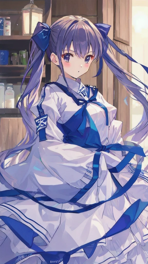 White Uniform、Blue ribbon、Adult women、、Twin tails、
