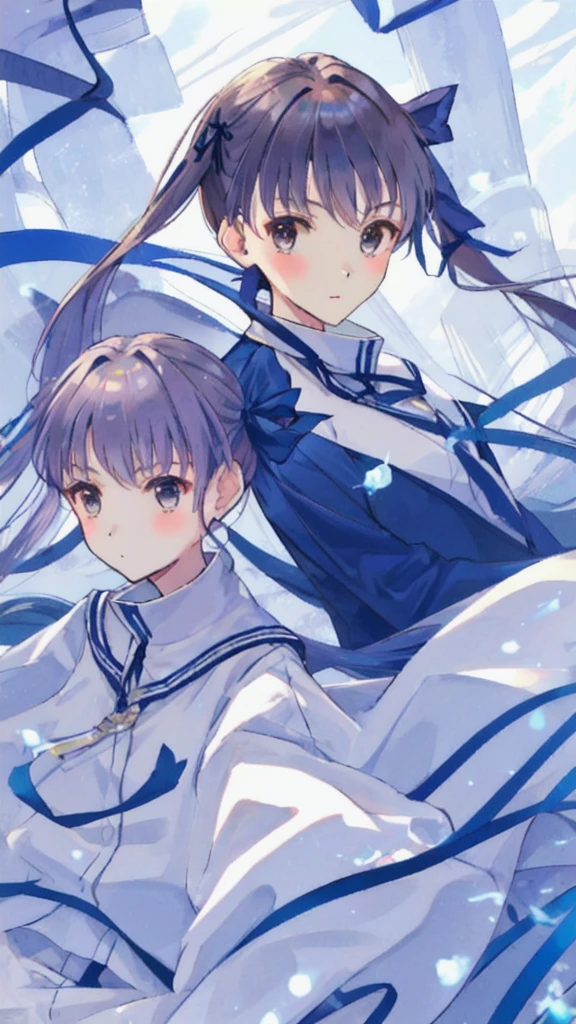 White Uniform、Blue ribbon、Adult women、、Twin tails、
