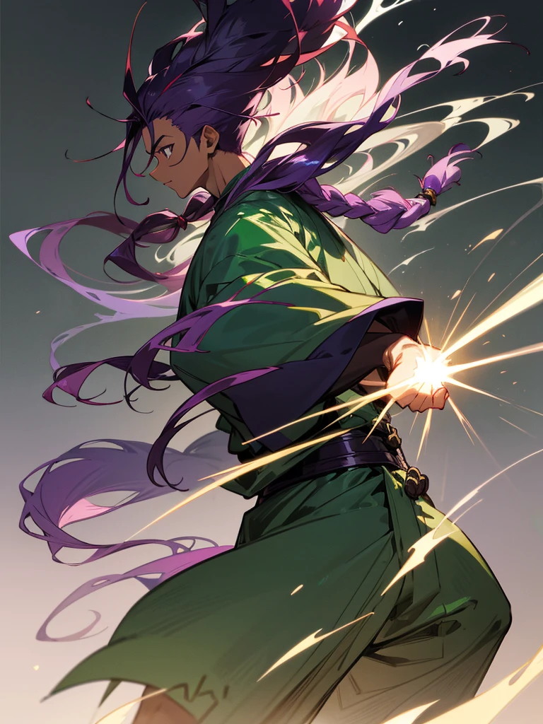 Anime art: Stands in a fighting stance: Anime character: Young guy, dark skin, Long purple hair, smoothed back, dreadlock mohawk hairstyle, dressed in a large green baggy kimono, light gray energy in the form of silhouettes of fists similar to smoke. Realistic detailed style high detail, Drawing.